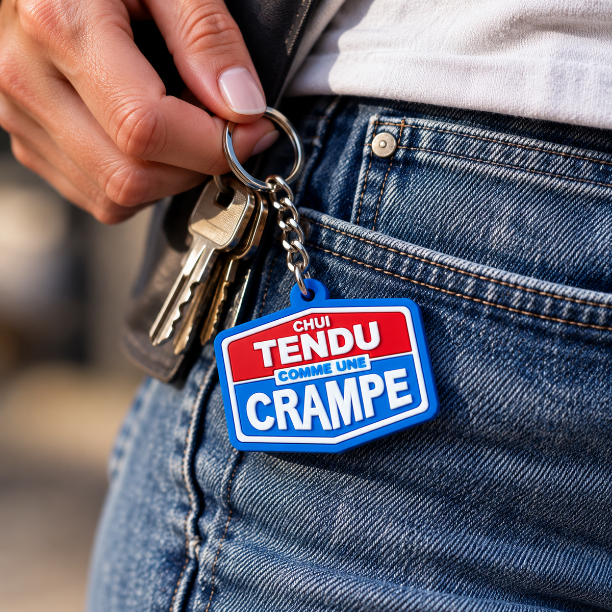 Porte-clés en silicone "Chui tendu comme une crampe"