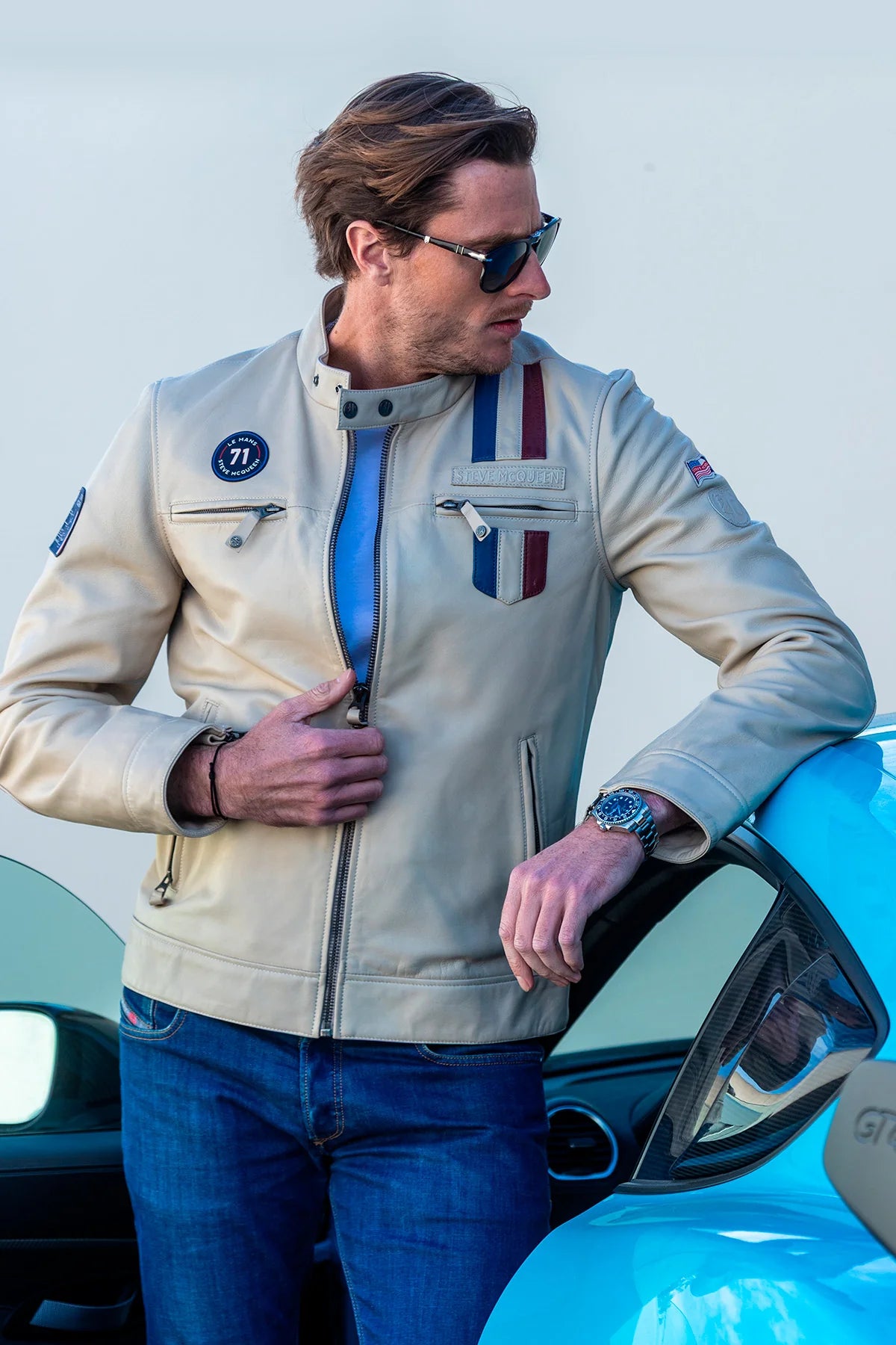 Blouson en cuir Steve McQueen x Le Mans Austin ecru Homme