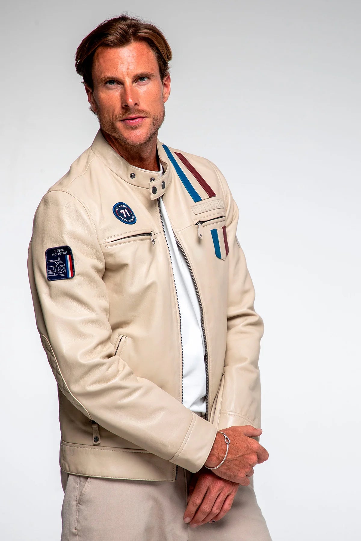 Blouson en cuir Steve McQueen x Le Mans Austin ecru Homme