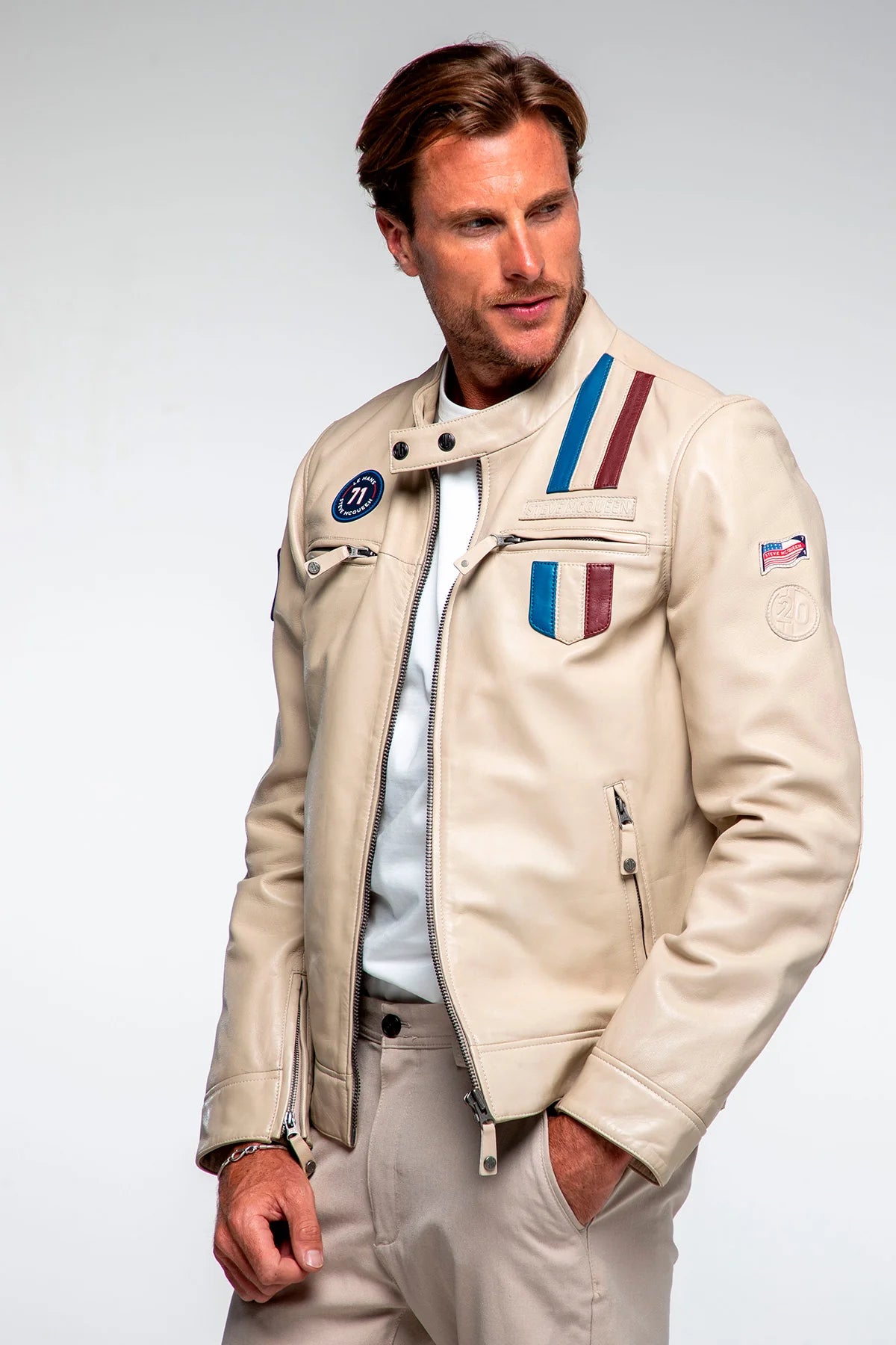 Blouson en cuir Steve McQueen x Le Mans Austin ecru Homme