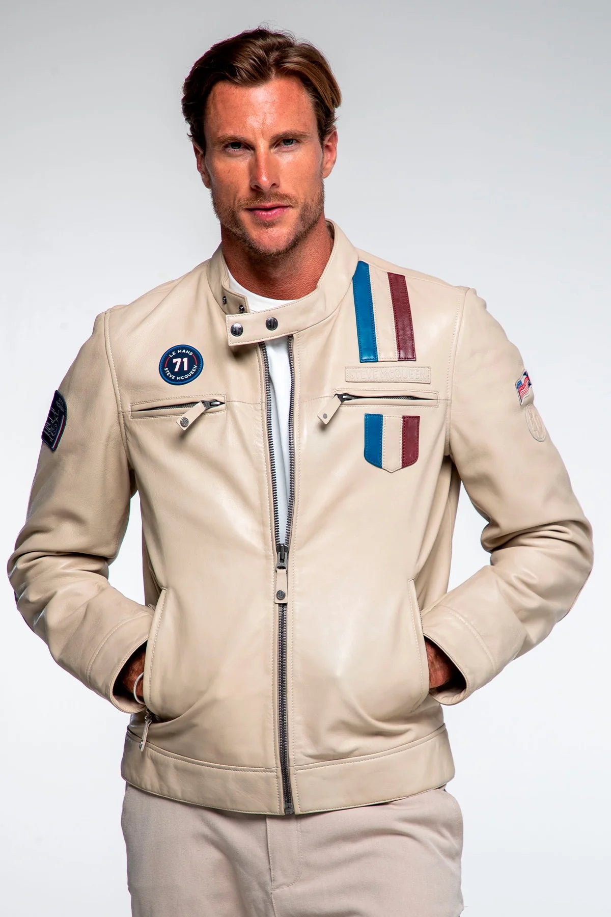 Blouson en cuir Steve McQueen x Le Mans Austin ecru Homme