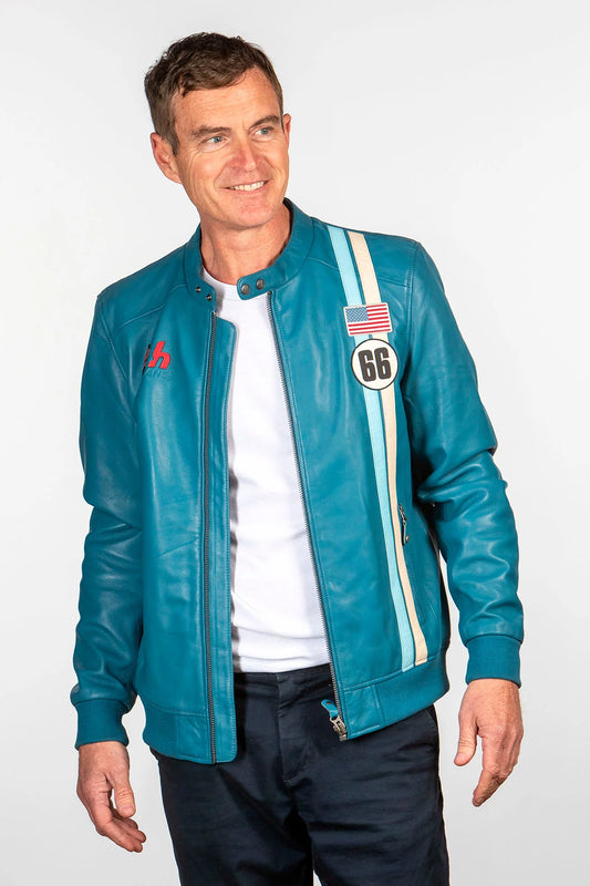 Blouson en cuir 24H Le Mans Richard bleu mallard Homme
